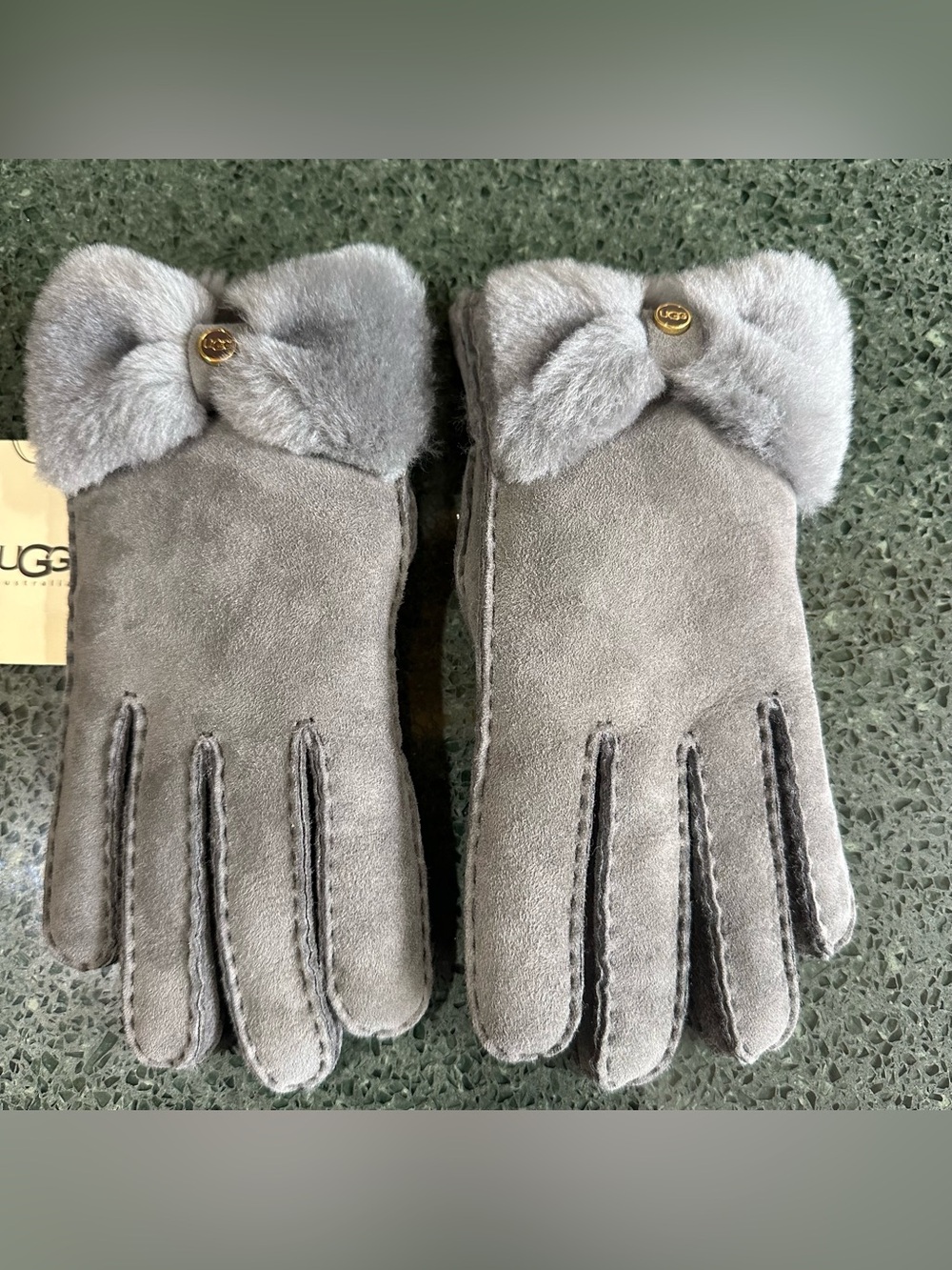 UGG Gloves Shearling Water Resistant Bow Shorty Gray Large Holiday Gift NEW